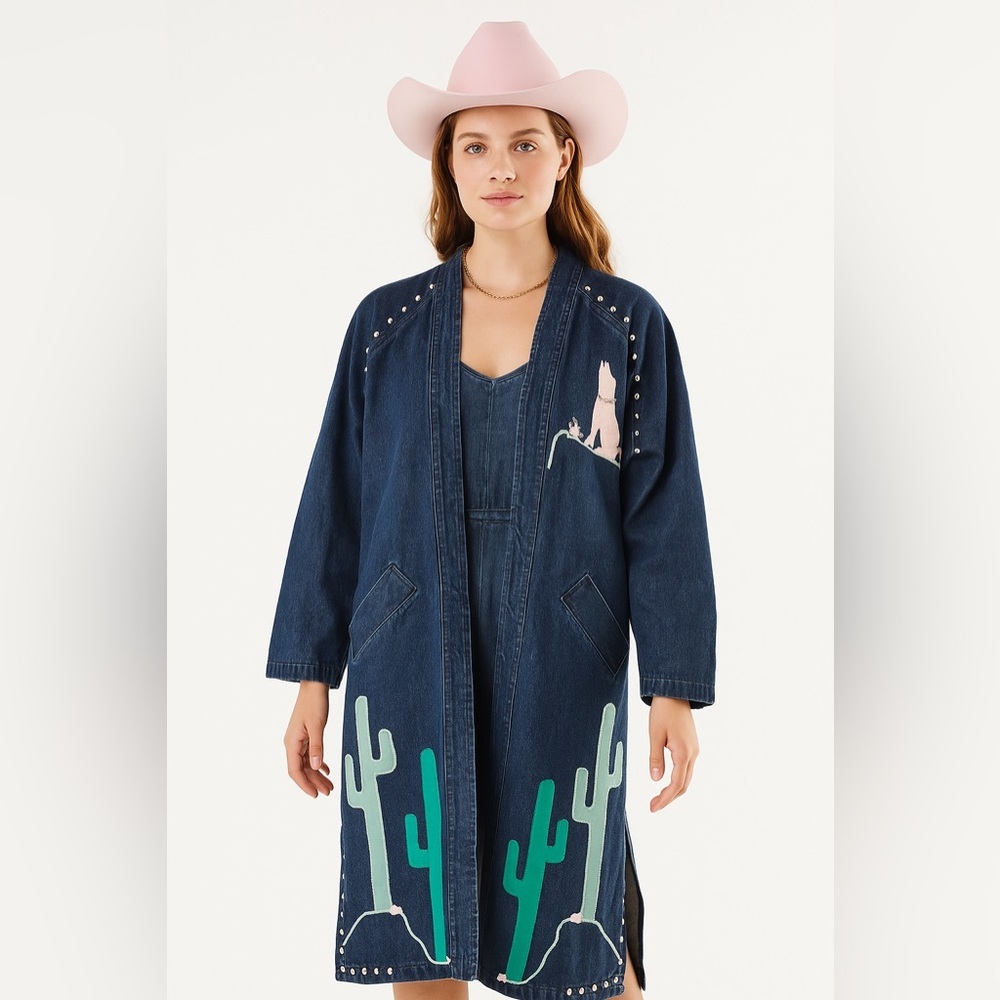 Rare vintage western Sundance denim duster coat cactus and chayote designs  SZ M
